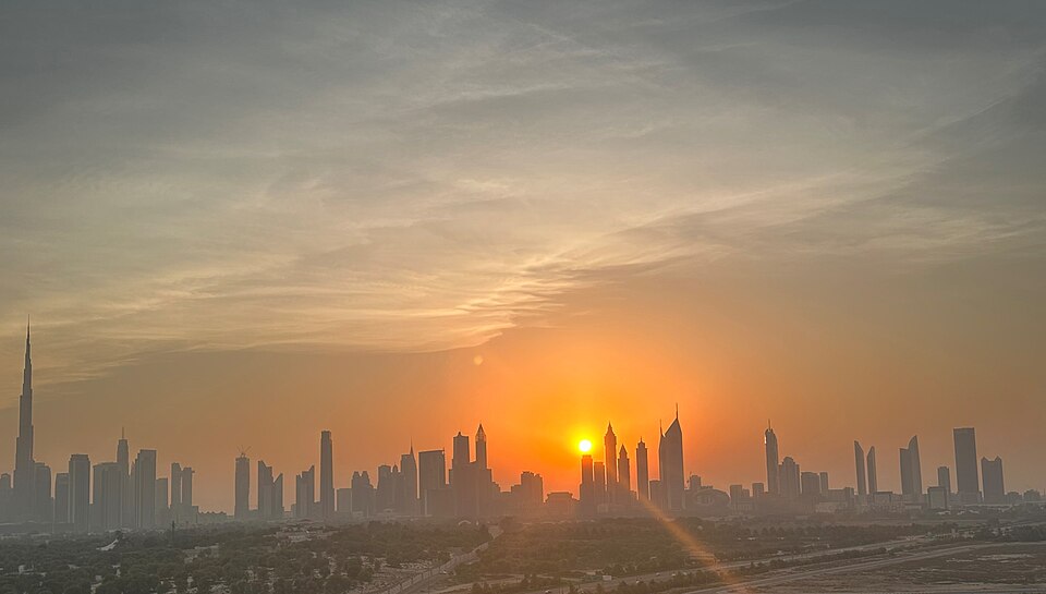 Dubai skyline at sunset.